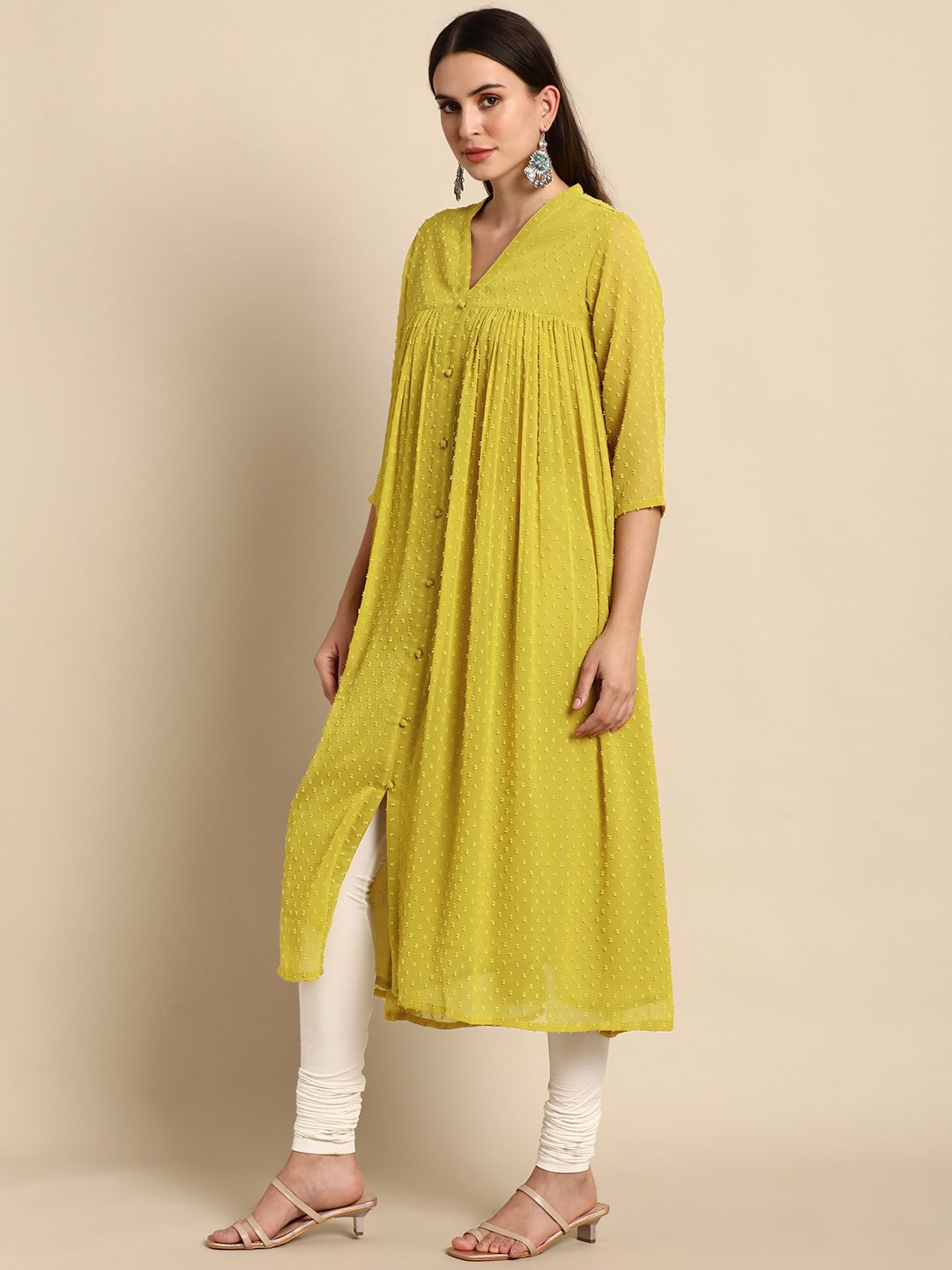 Janasya Women Mustard Chiffon Self Design Front Slit Kurta