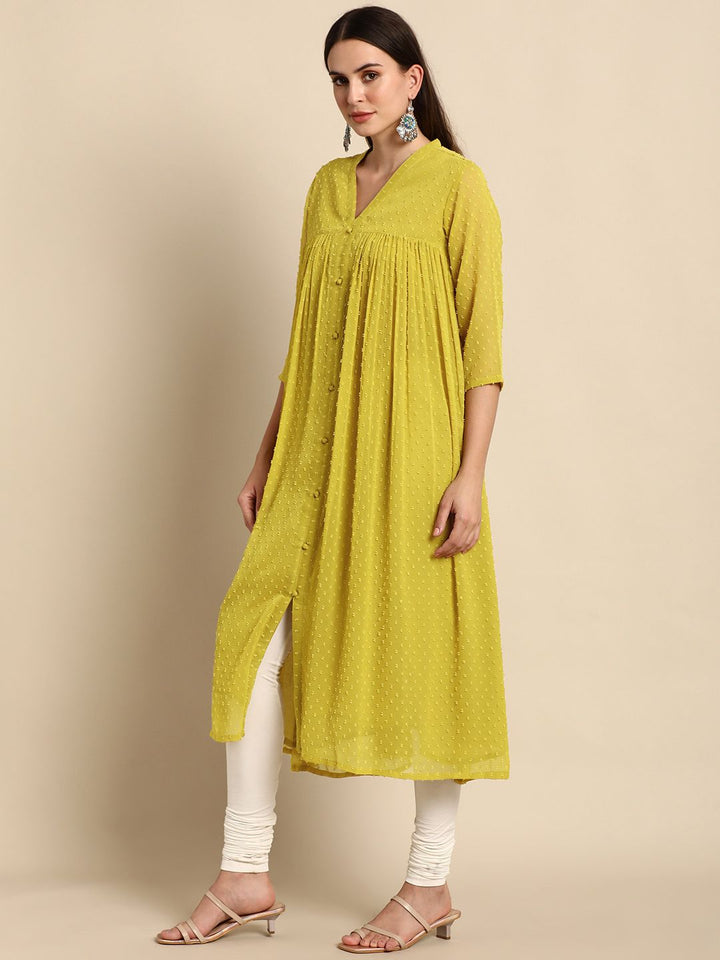 Janasya Women Mustard Chiffon Self Design Front Slit Kurta