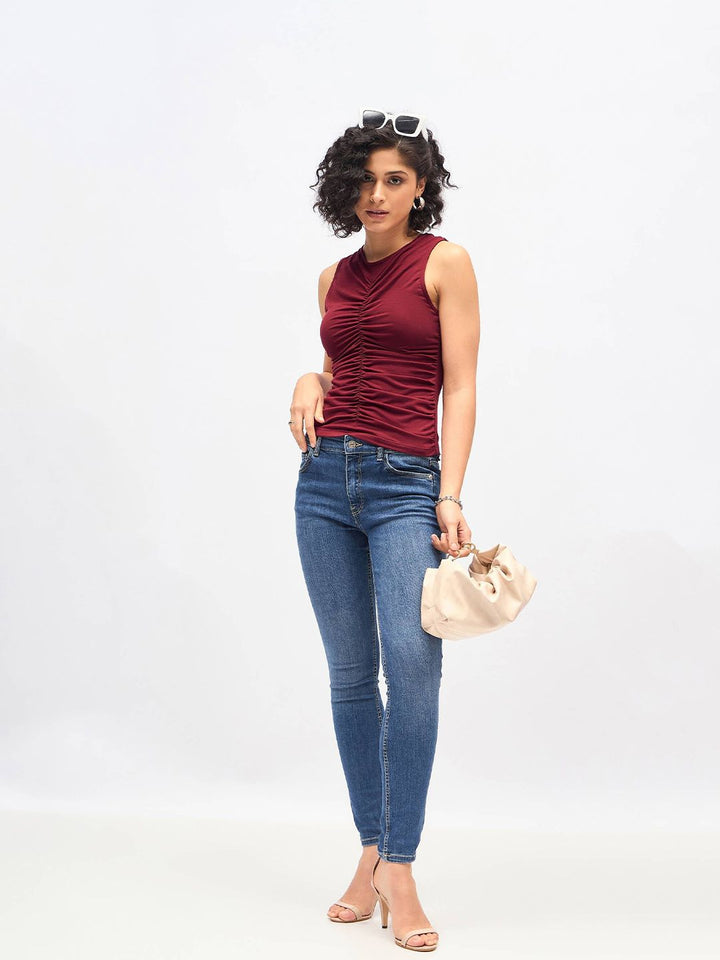 SASSAFRAS Maroon Sleeveless Ruched Fitted Top
