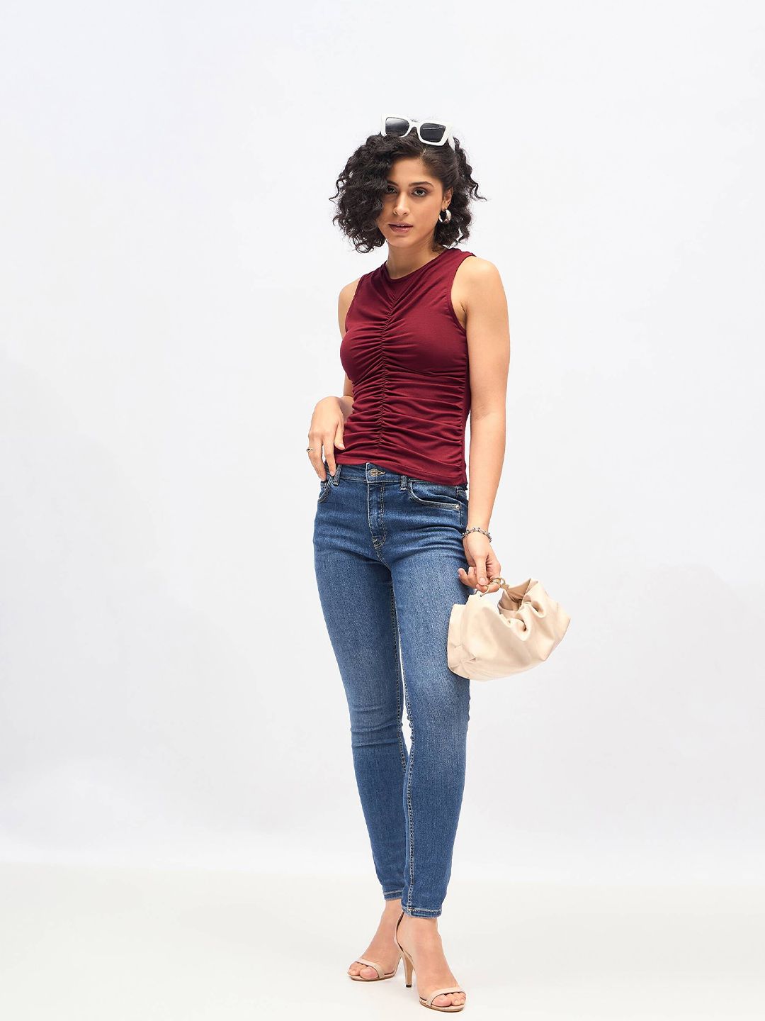 SASSAFRAS Maroon Sleeveless Ruched Fitted Top