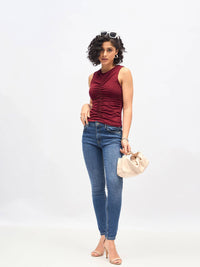 SASSAFRAS Maroon Sleeveless Ruched Fitted Top
