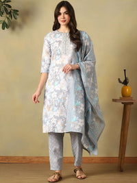 Mamicha Women Floral Printed Regular Mirror Work Pure Cotton Kurta with Trousers & With Dupatta