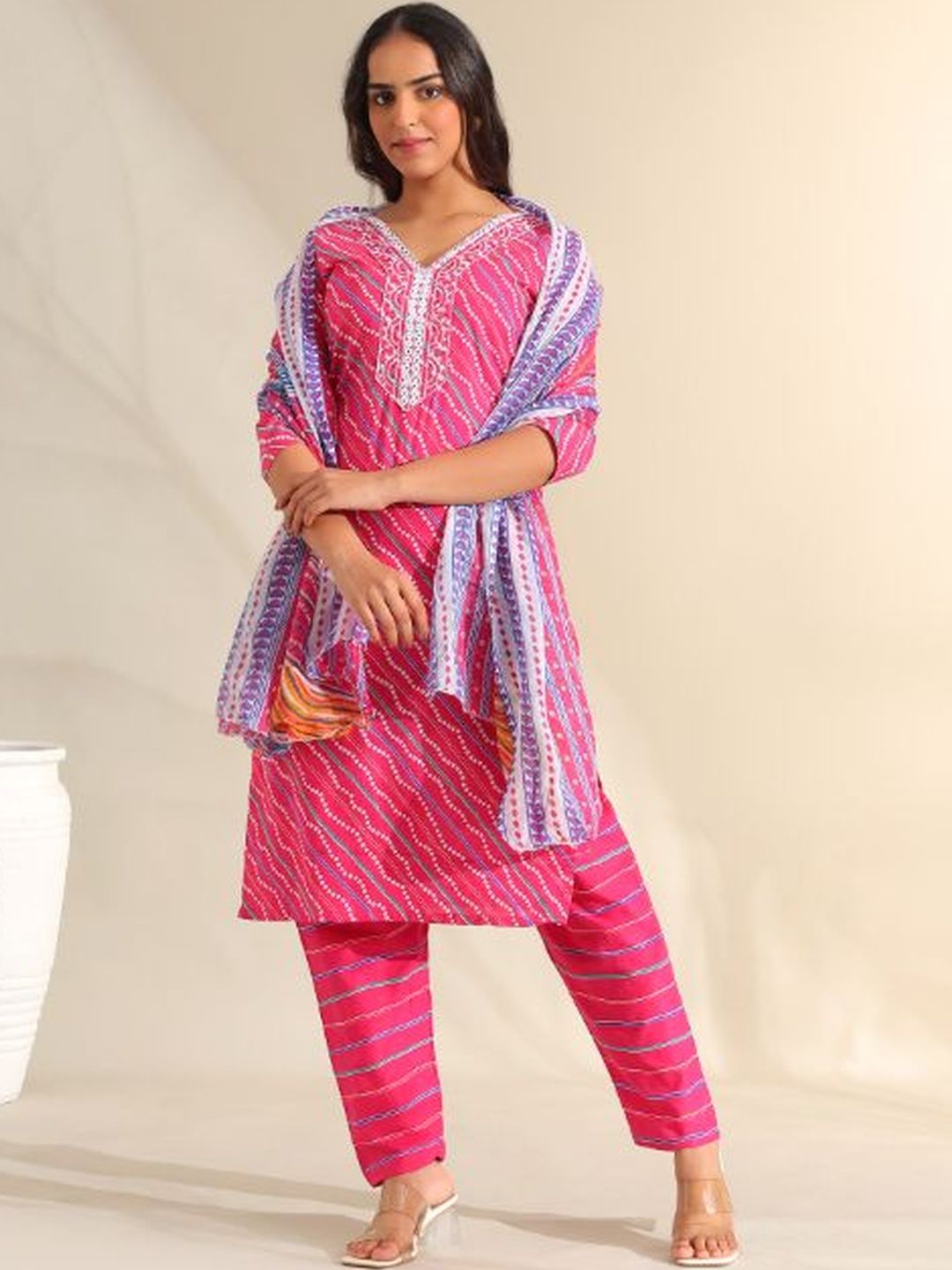Mamicha Women Ethnic Motifs Printed Regular Mirror Work Pure Cotton Kurta with Trousers & With Dupatta