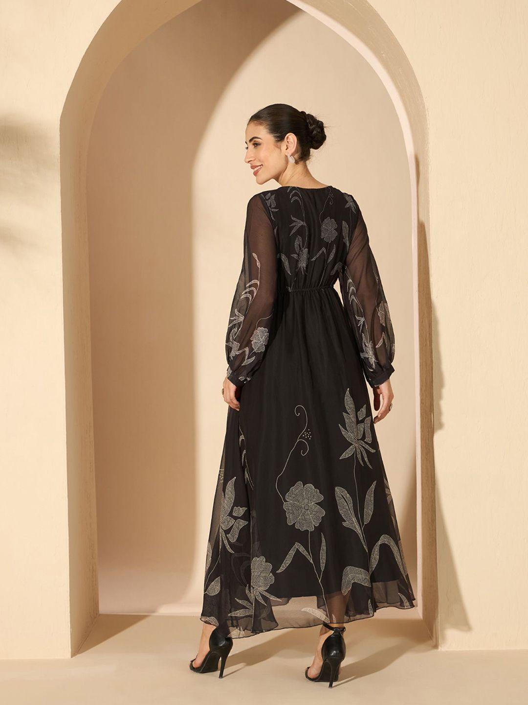 Antheaa Floral Chiffon Fit and Flare Maxi Dress
