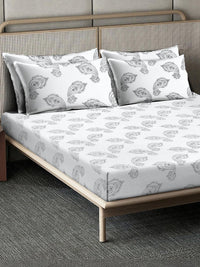 KLOTTHE Off White Ethnic Print Flat 400TC Kapas Tulen Cadar Super King & 4 Sarung Bantal