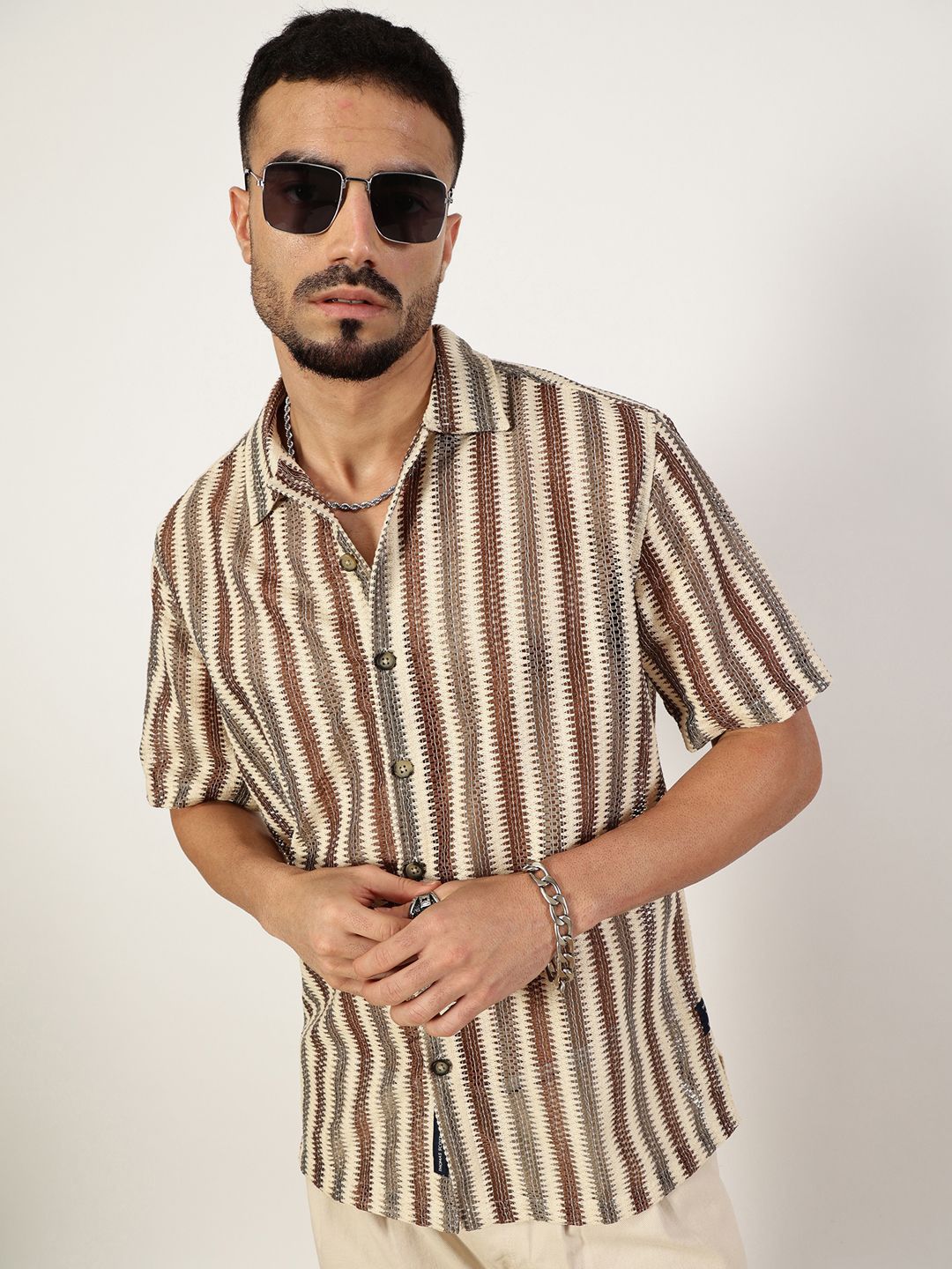 Thomas Scott Men Premium Spread Collar Vertical Striped Cotton Slim Fit Casual Shirt
