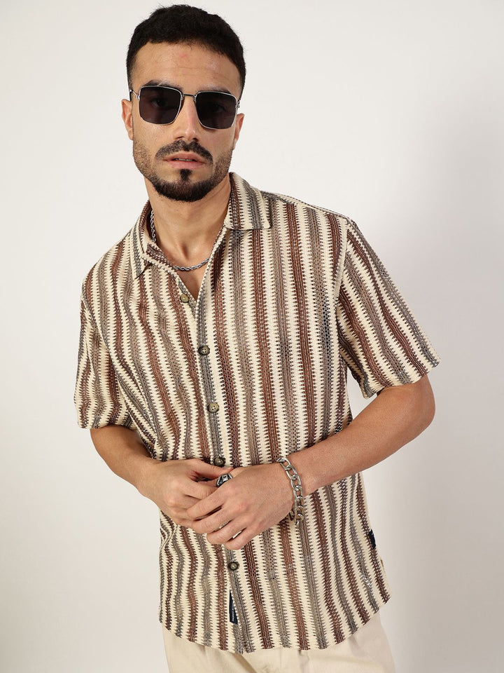 Thomas Scott Men Premium Spread Collar Vertical Striped Cotton Slim Fit Casual Shirt