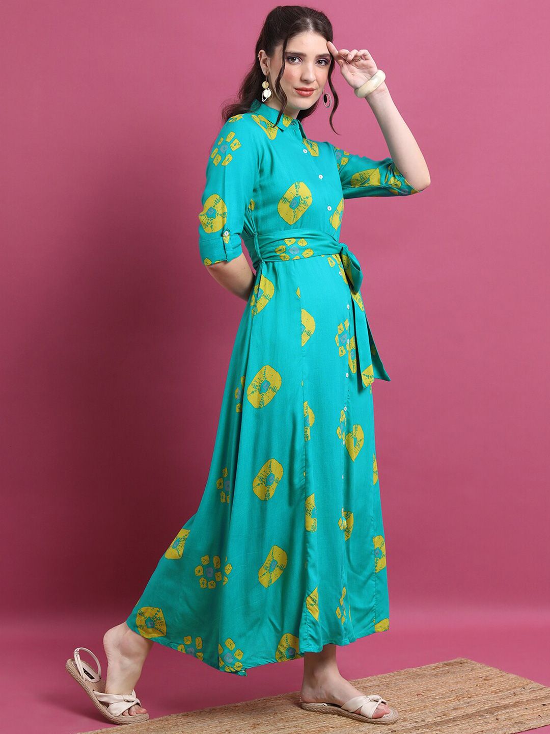 Vishudh Turquoise Blue Geometric Printed Tie Ups Detail Shirt Style Dress