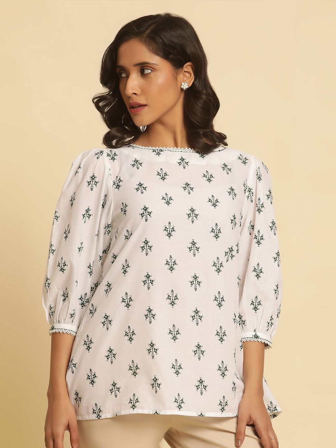 W Ethnic Motifs Printed Boat Neck Puff Sleeves Cotton Top