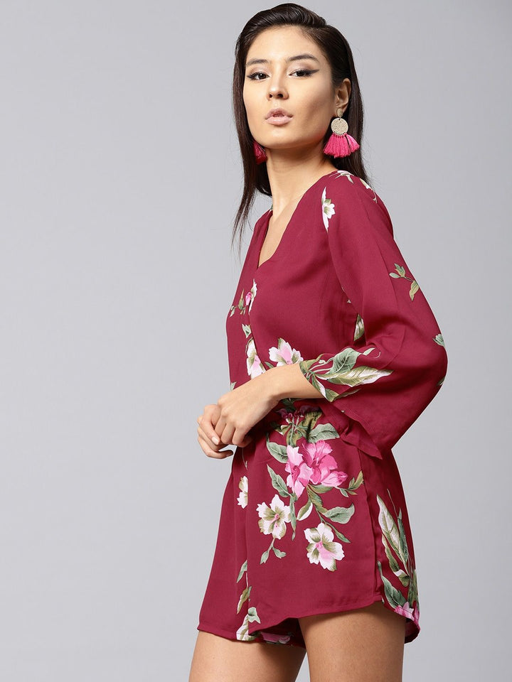 SASSAFRAS Maroon & Green Floral Print Playsuit