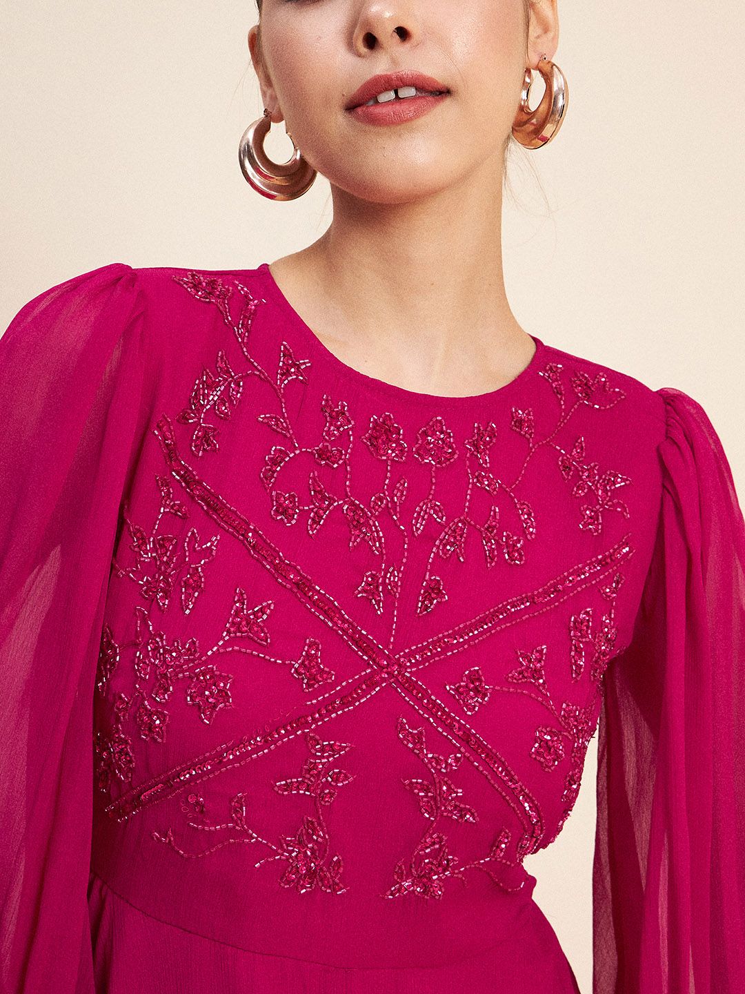 Antheaa Pink Puff Sleeve Embellished Detail Fit & Flare Dress