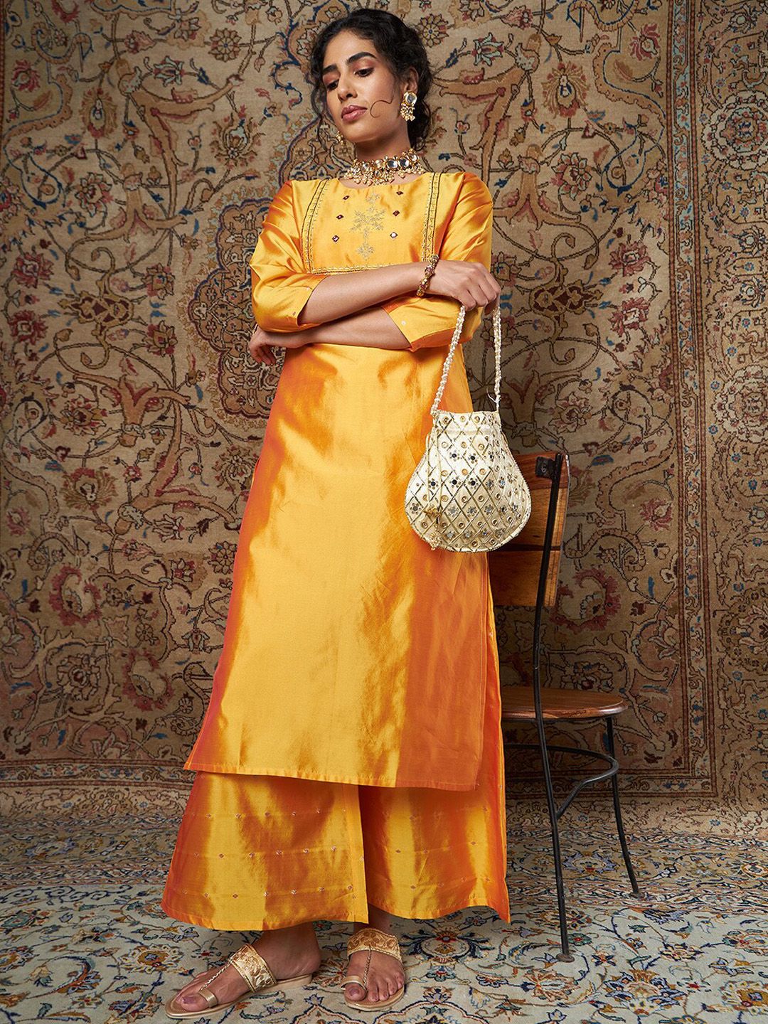 Shae by SASSAFRAS Women Mustard Yellow Ethnic Motifs Embroidered Thread Work Kurta with Palazzos