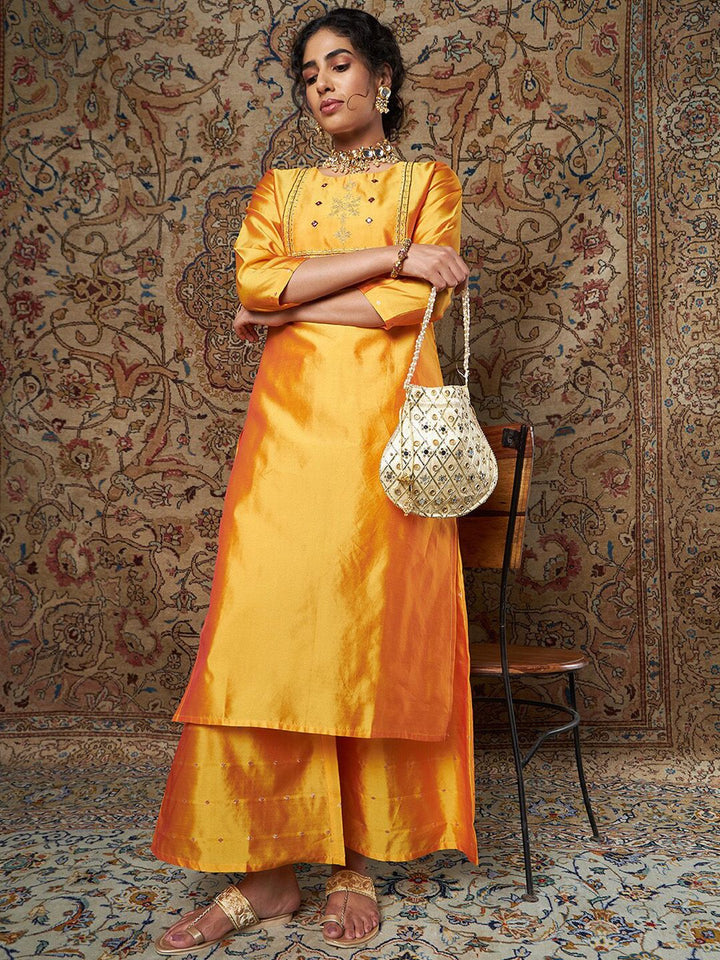 Shae by SASSAFRAS Women Mustard Yellow Ethnic Motifs Embroidered Thread Work Kurta with Palazzos