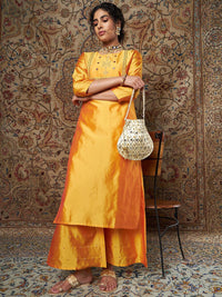 Shae by SASSAFRAS Women Mustard Yellow Ethnic Motifs Embroidered Thread Work Kurta with Palazzos