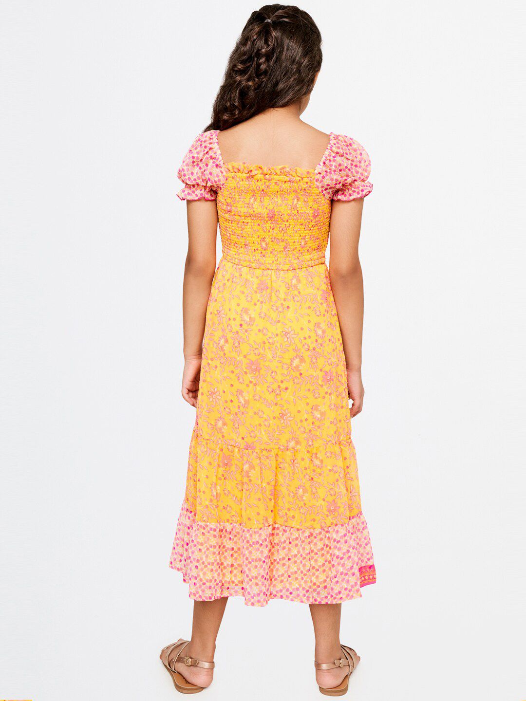 Global Desi Girls Orange Floral A-Line Midi Dress