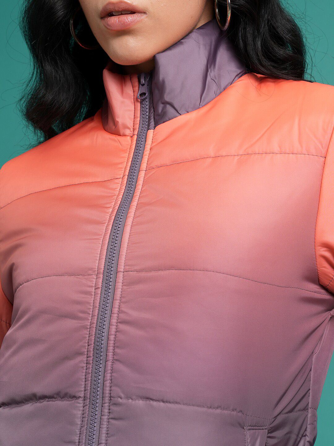 Tokyo Talkies Black & Orange-Coloured Colourblocked Mock Collar Puffer Jacket