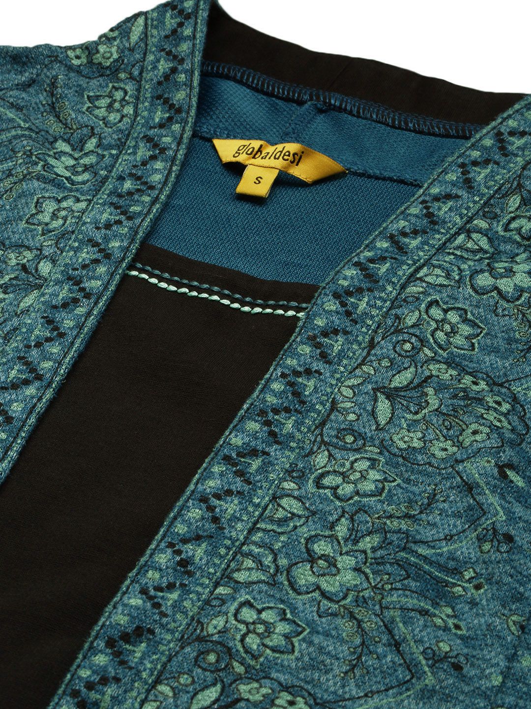 Global Desi Blue & Black Floral A-Line Dress With a Layer