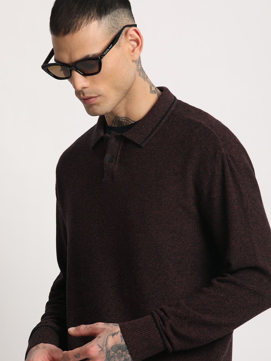 THE BEAR HOUSE Men Solid Pure Cotton Shirt Collar Sweater