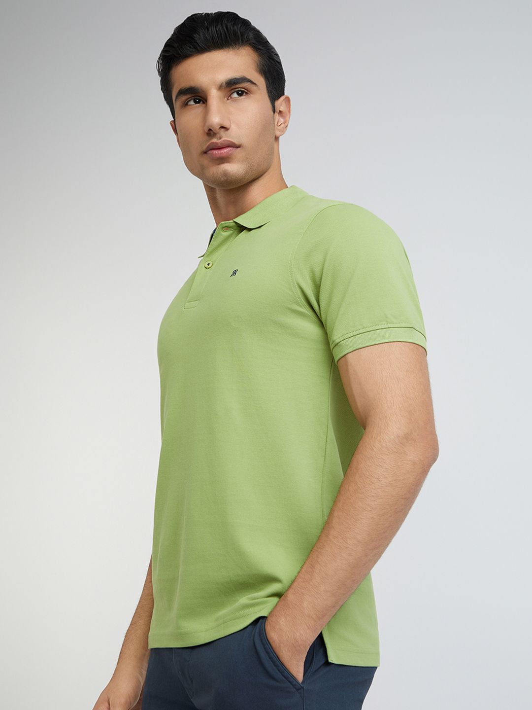 Raymond Men Green Pure Cotton Solid Polo Collar T-shirt