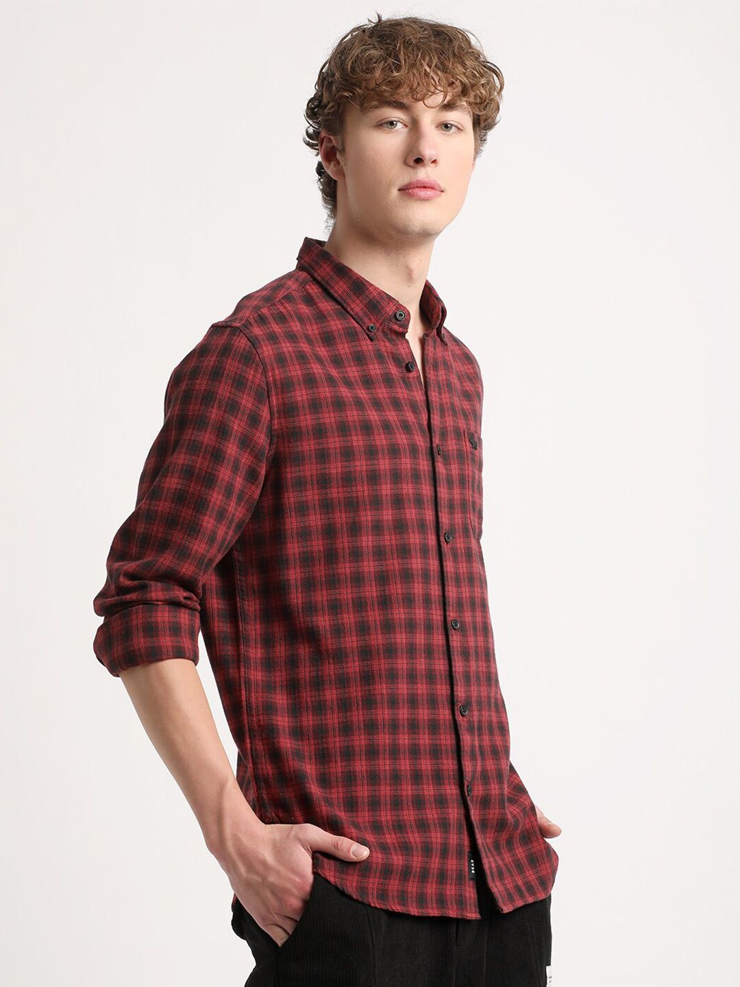 THE BEAR HOUSE Slim Fit Tartan Checks Spread Collar Pocket Cotton Casual Shirt