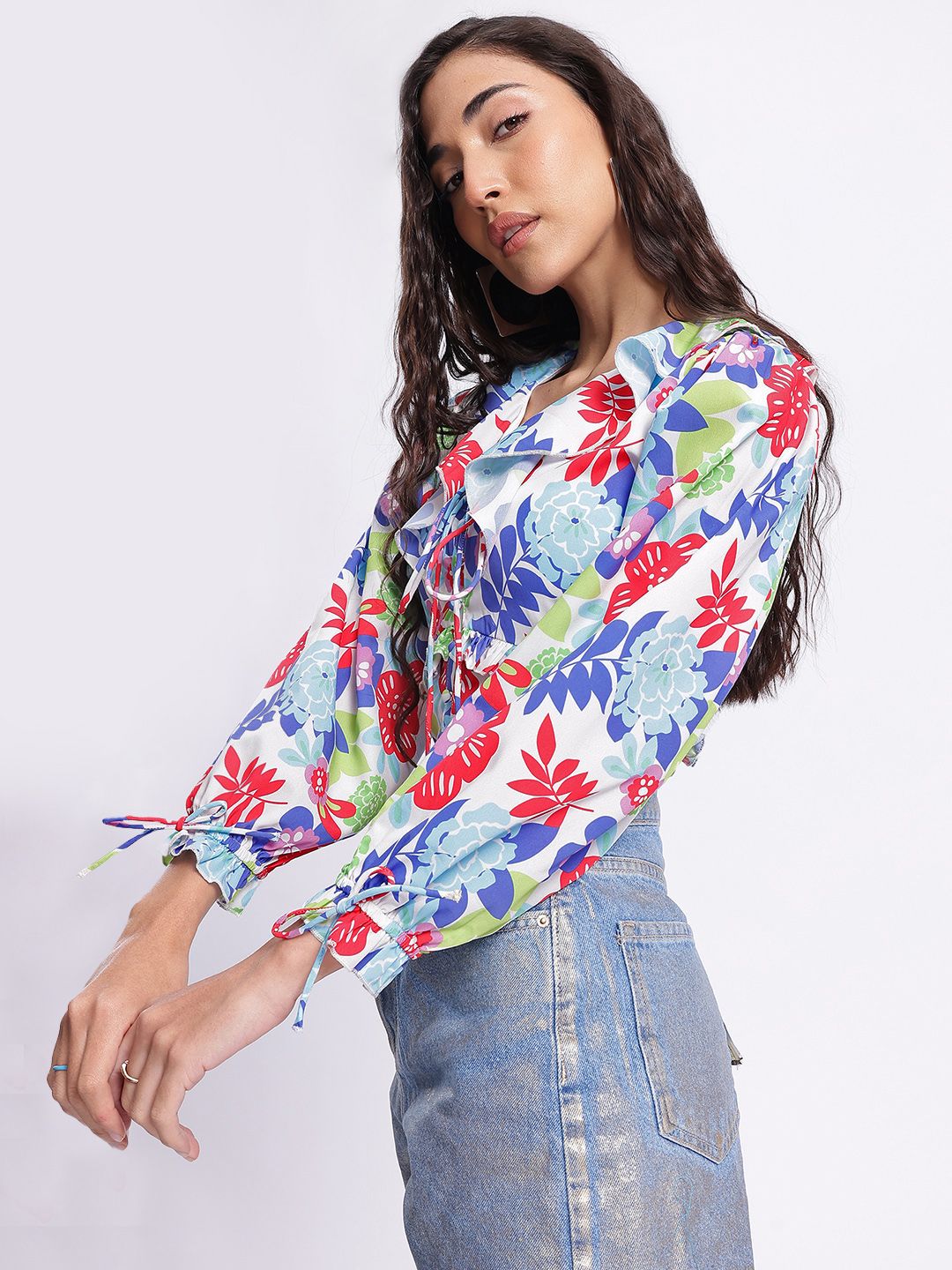 DressBerry Floral Haze Printed Ruffled Top with Tie-Up Detail