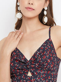 Berrylush Women Navy Blue & Red Floral Printed Fit and Flare Dress