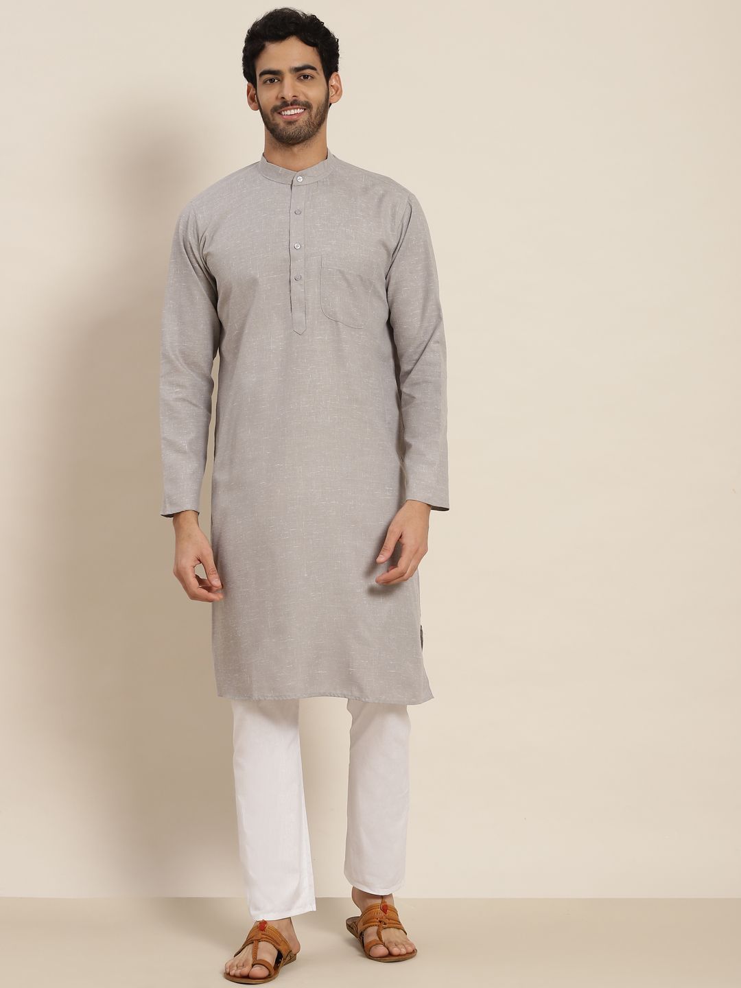 SOJANYA Lelaki Grey Dobby Cotton Linen Kurta