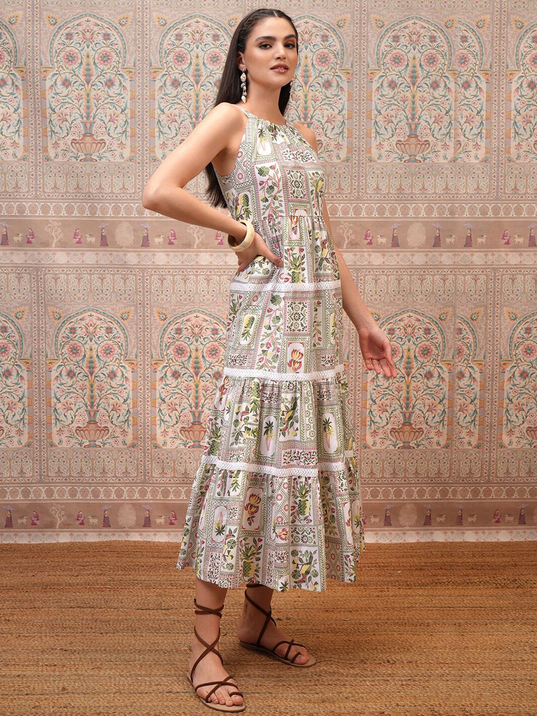 Vishudh Women Halter Neck Ethnic Motifs Print Layered Empire Midi Dress