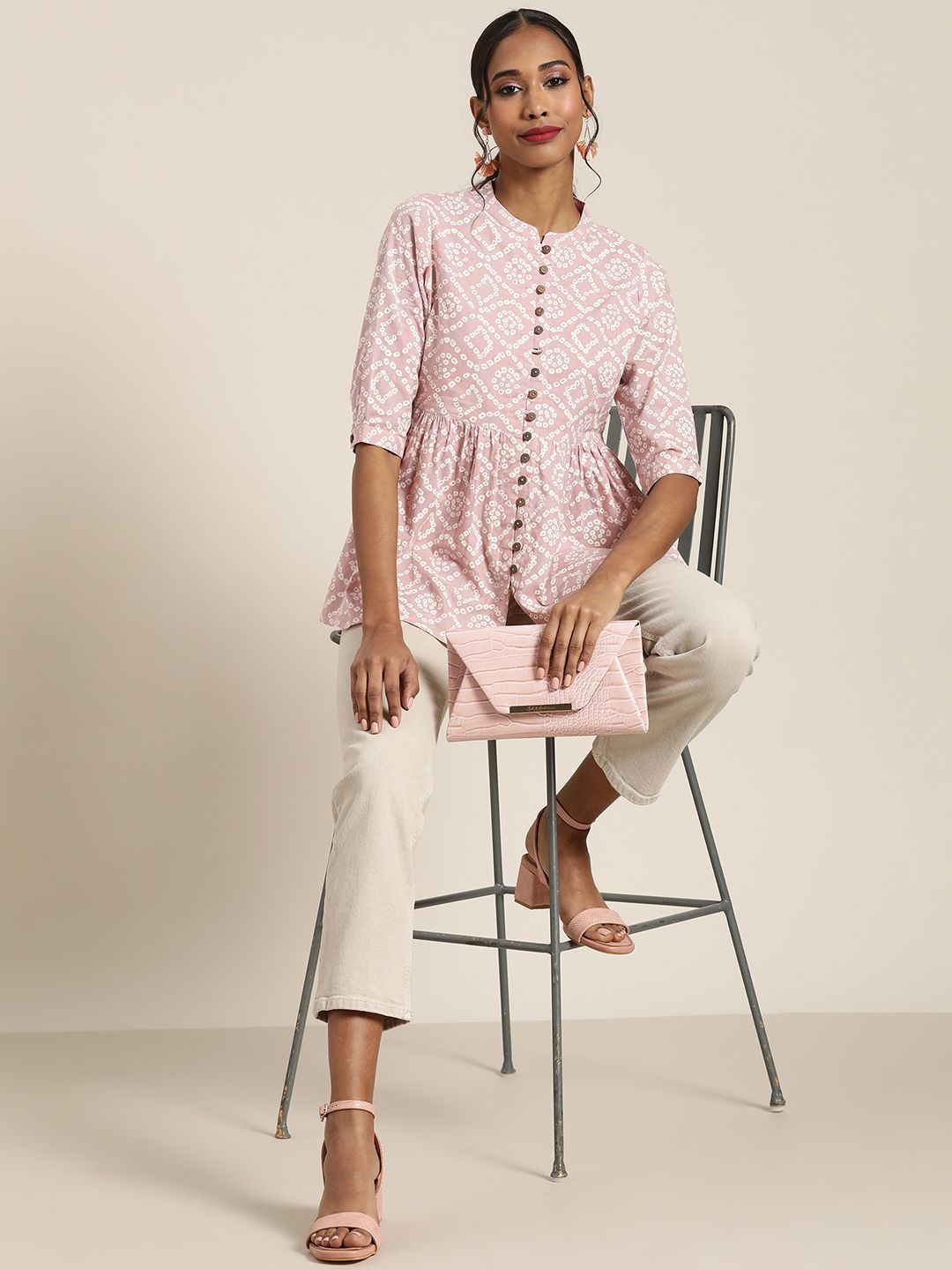 Shae by SASSAFRAS Mauve & White Print Cotton Peplum Top