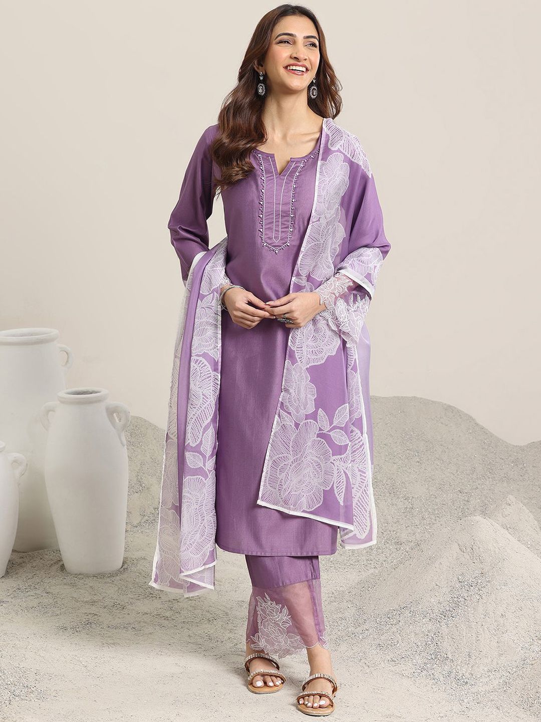 Libas Women Ethnic Motifs Yoke Design Regular Beads and Stones Kurta with Trousers & With Dupatta
