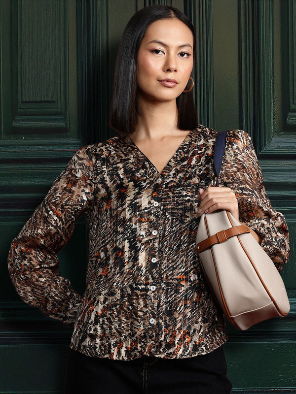 all about you Animal Print Collarless Casual Shirt