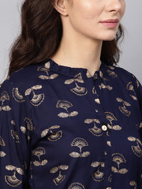 SOJANYA Kurta Lurus Bercetak Biru Laut & Emas Wanita
