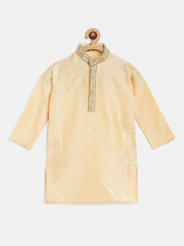 SOJANYA Boys Cream-Coloured & White Paisley Embroidered Thread Work Straight Kurta