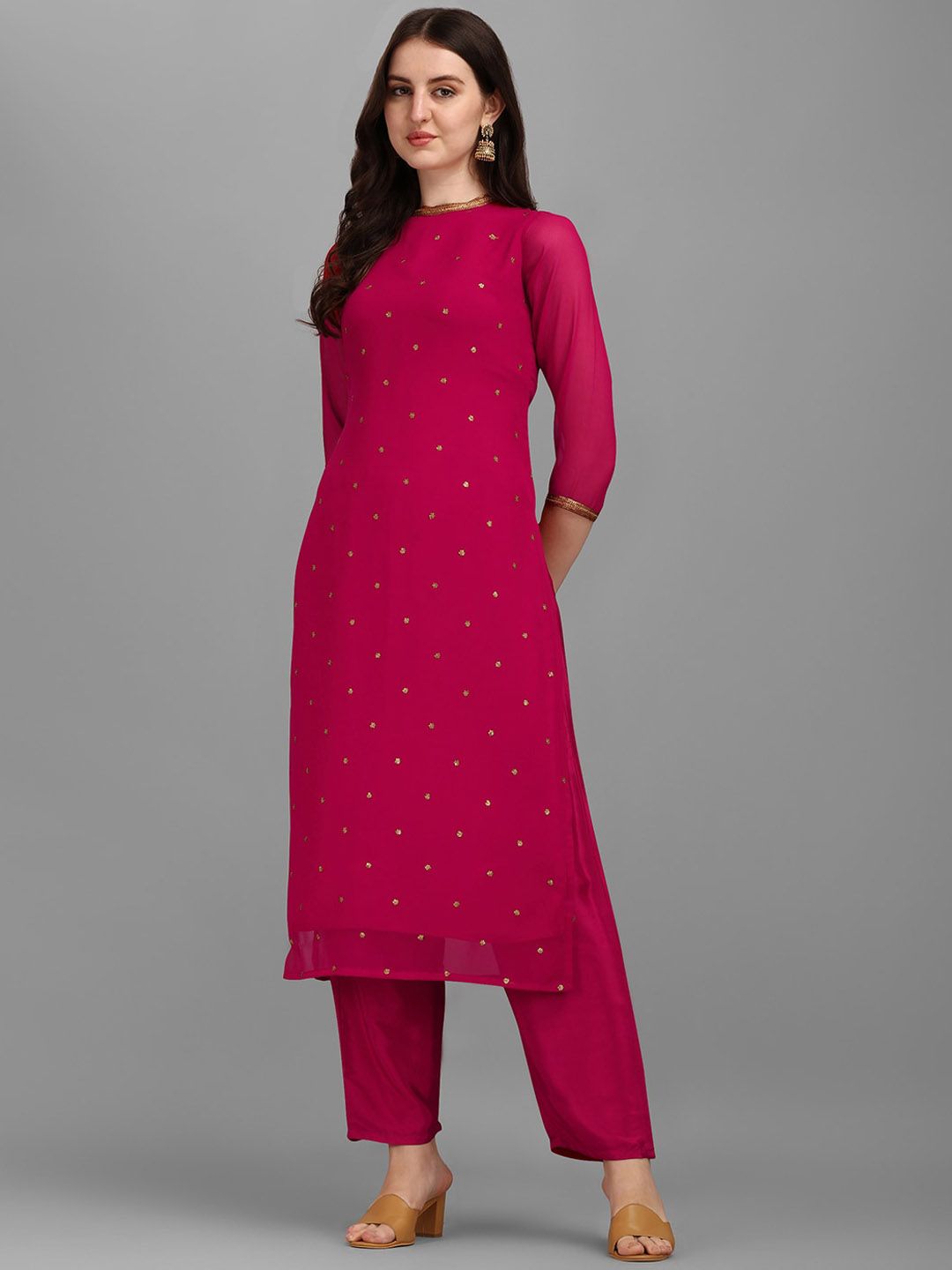 KALINI Ethnic Motifs Embellished Straight Sequinned Kurta with Trousers