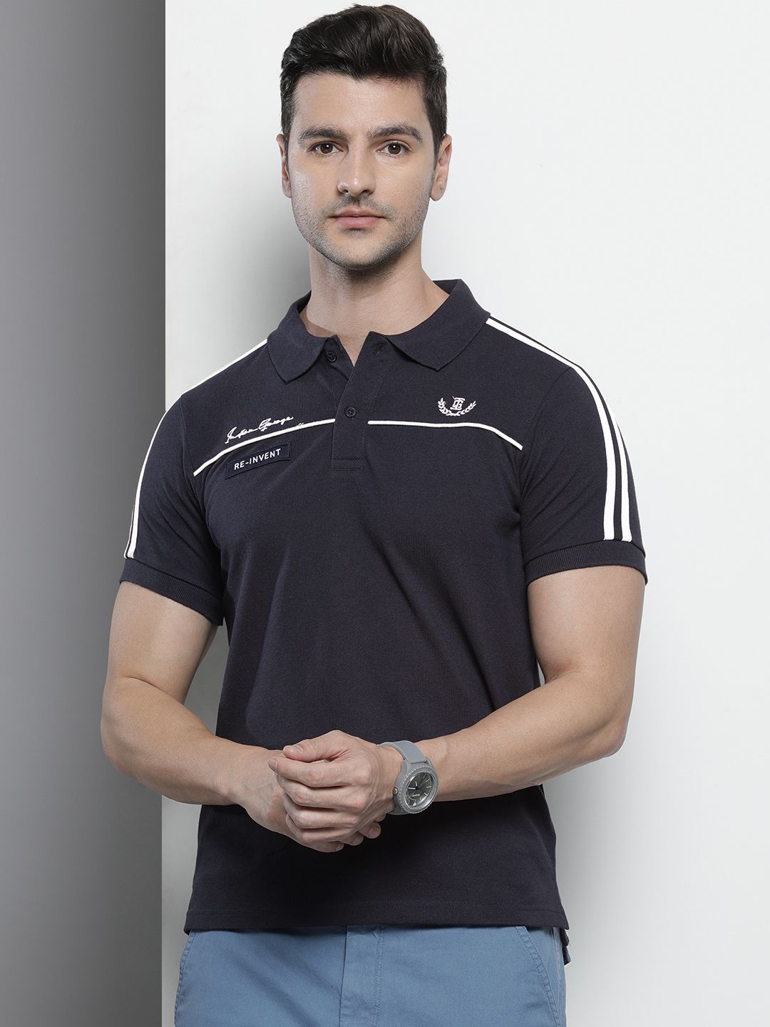 The Indian Garage Co Men Navy Blue Solid Polo Collar Applique Detail Slim Fit T-shirt