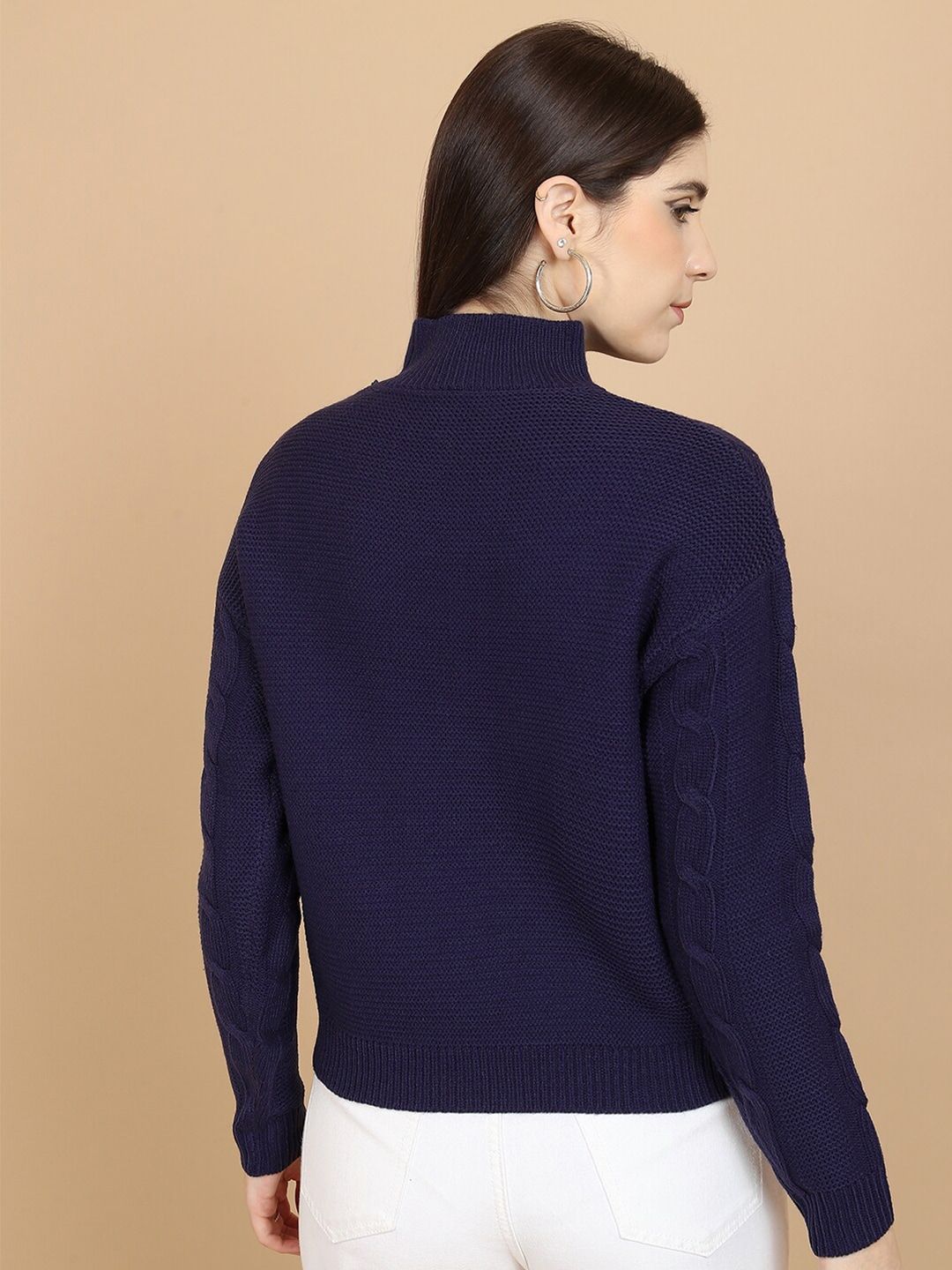Tokyo Talkies Navy Blue Cable Knit Self Design High Neck Acrylic Pullover Sweater