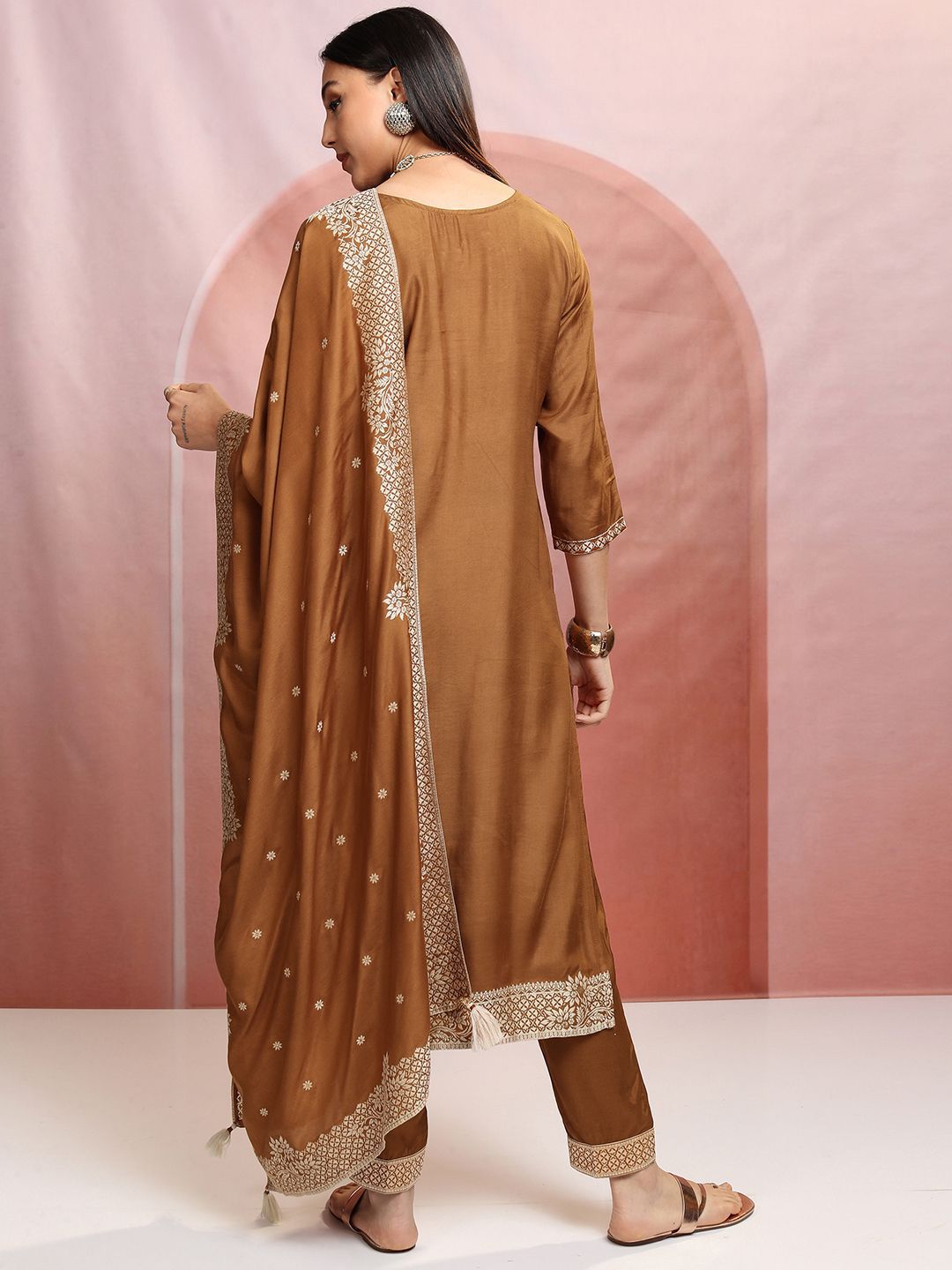 Vishudh Brown Floral Woven Design Pure Cotton Straight Kurta with Trousers & Dupatta