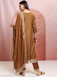 Vishudh Brown Floral Woven Design Pure Cotton Straight Kurta with Trousers & Dupatta