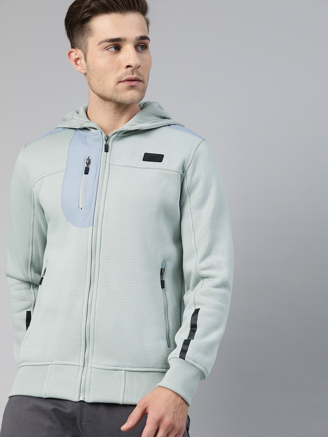 HRX by Hrithik Roshan Men Grey Solid Hooded Bomber Jacket