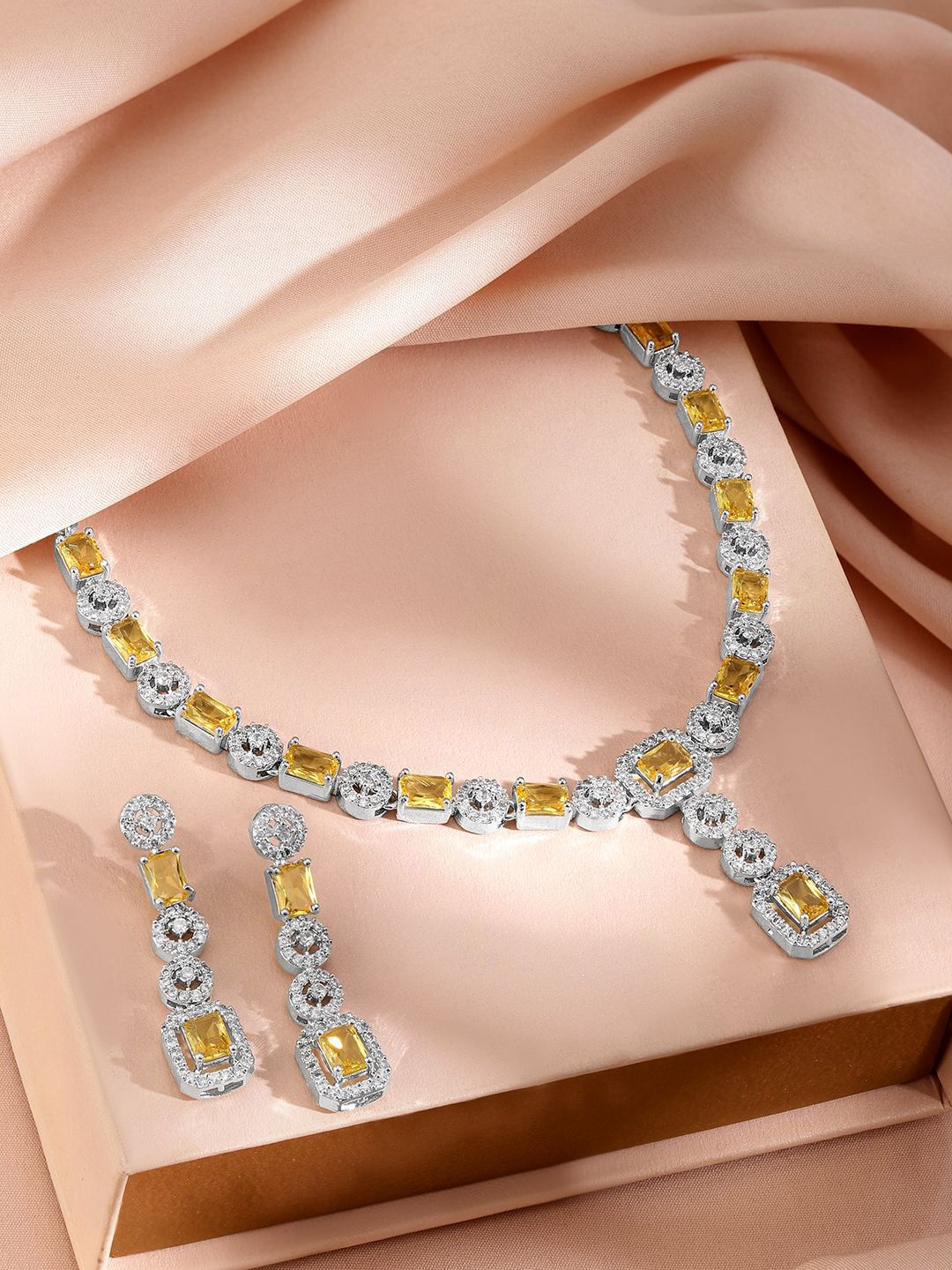 Rubans Rhodium-Plated Yellow Sapphire dan Zirconia Cubic Stone Stone Stone Stone