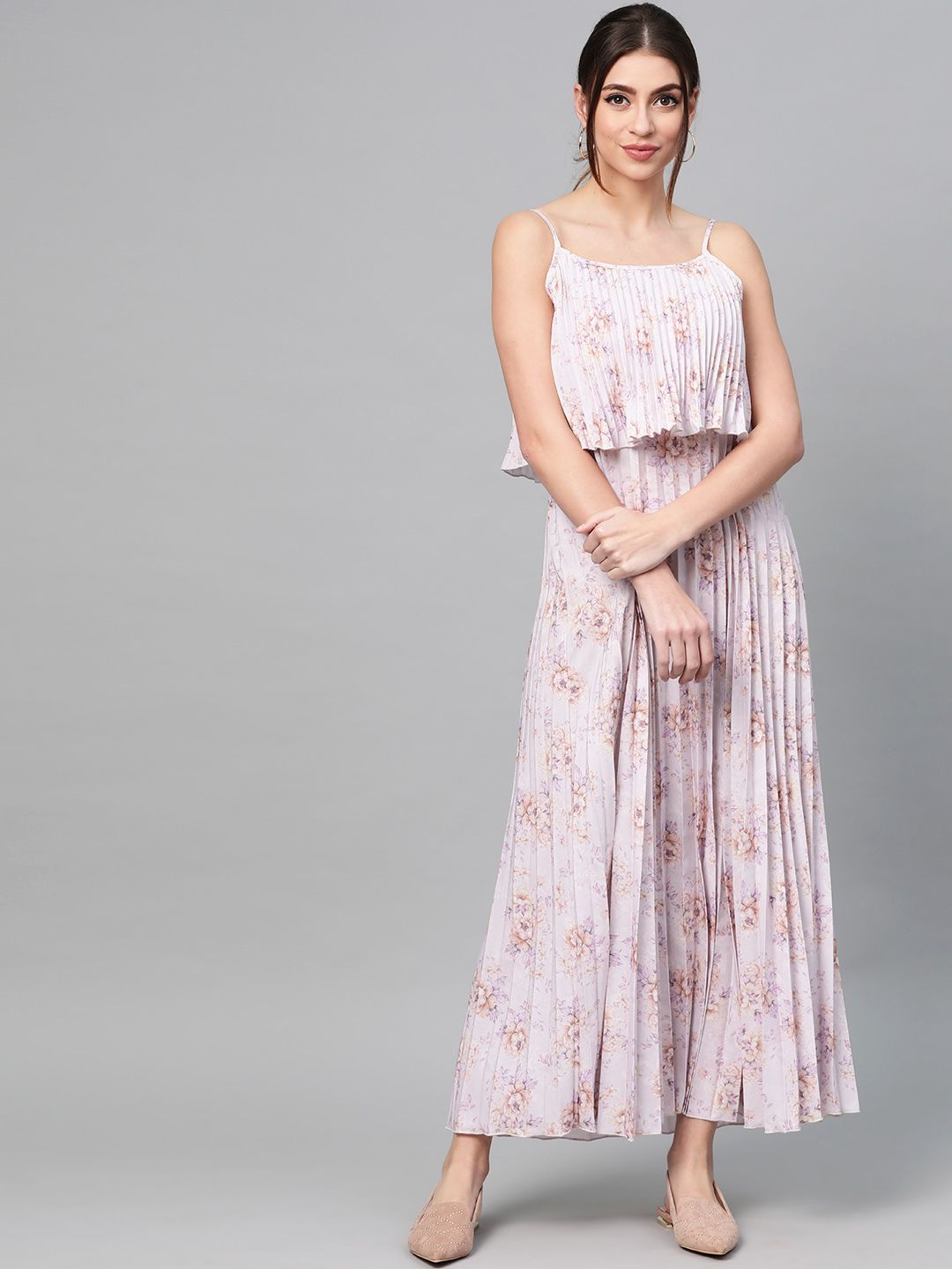 SASSAFRAS Beige & Lavender Floral Printed Accordian Pleat Maxi Dress