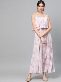 SASSAFRAS Beige & Lavender Floral Printed Accordian Pleat Maxi Dress