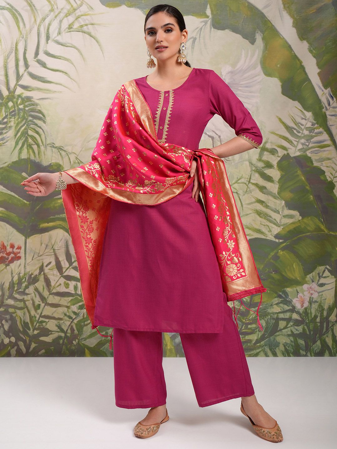 Vishudh Pink Vishudh Round Neck Embellished Straight Kurta & Palazzos With Dupatta