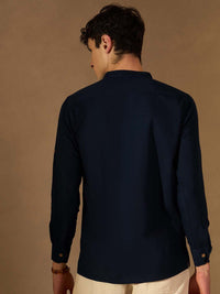 DENNISON Lelaki Navy Blue Solid Straight Pure Cotton Short Kurta