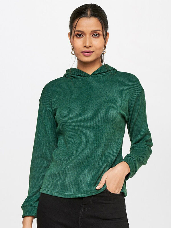 AND Women Green Solid Hooded Top