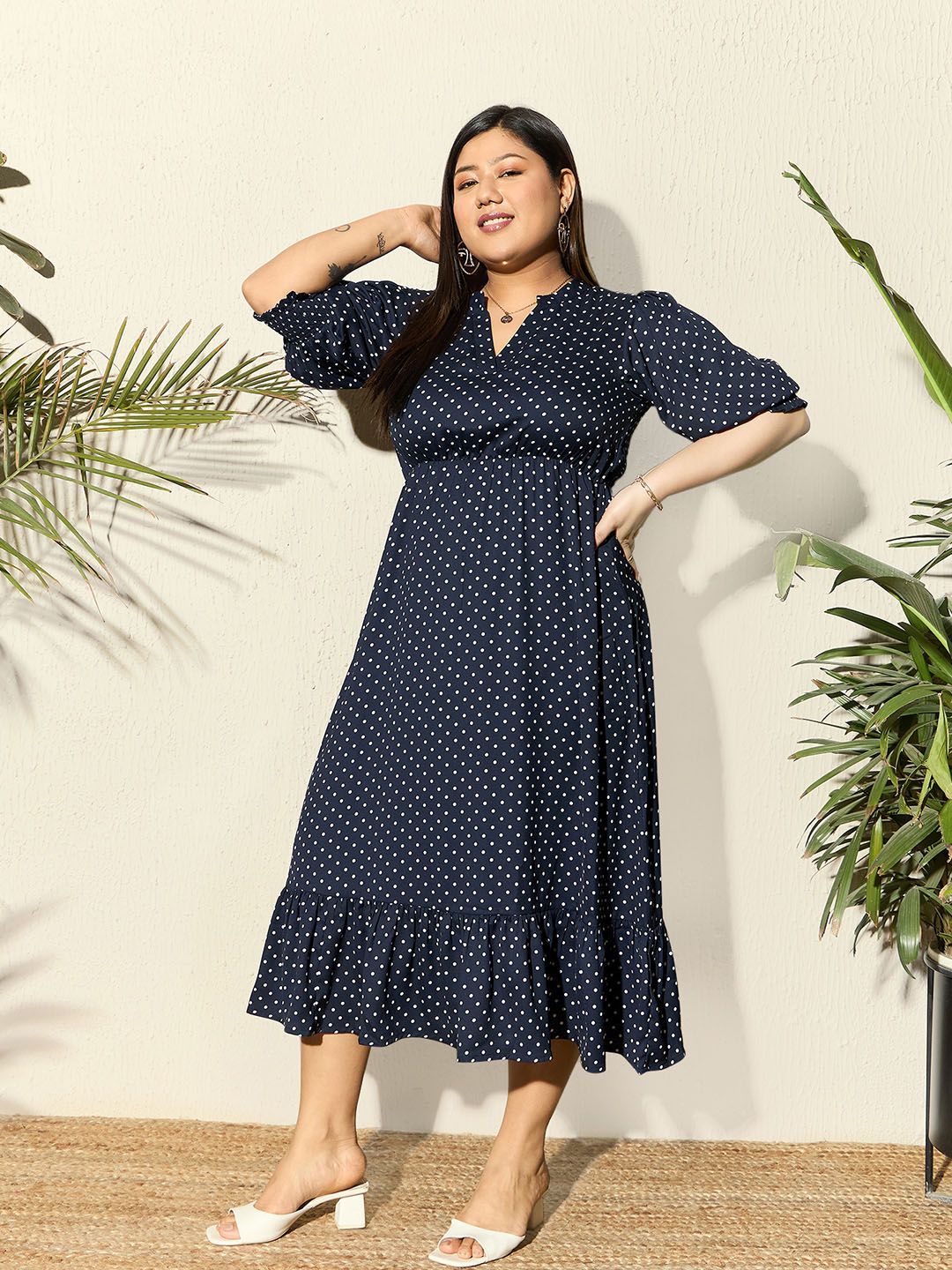 Berrylush Curve Polka Dot Printed A-Line Midi Dress