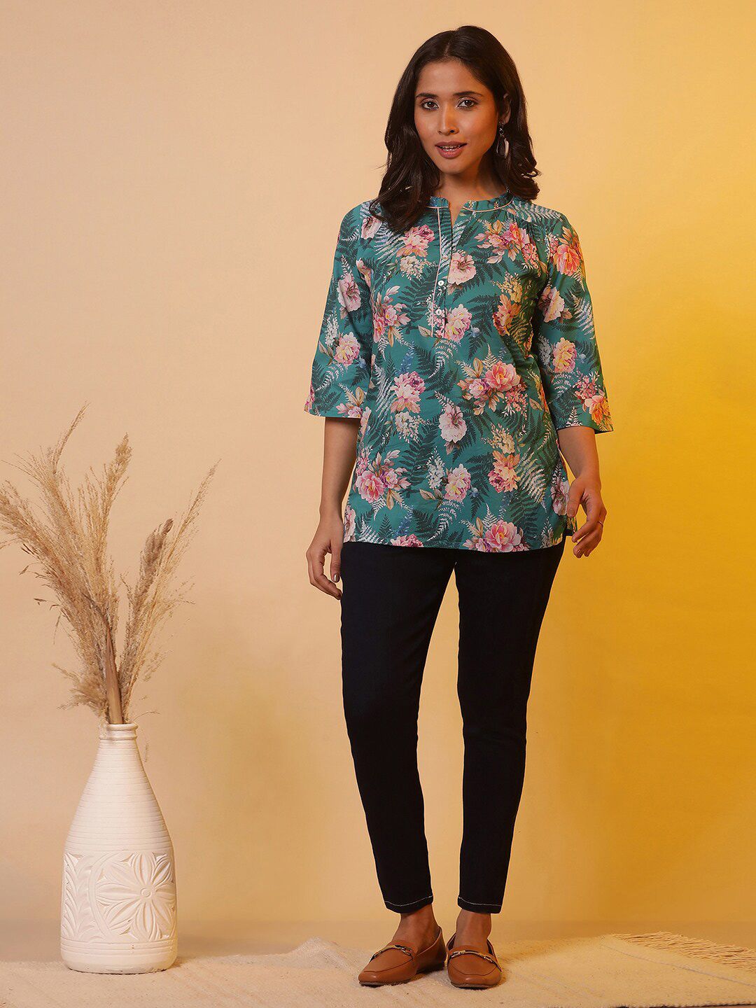AURELIA Floral Printed Mandarin Collar Pure Cotton Kurti