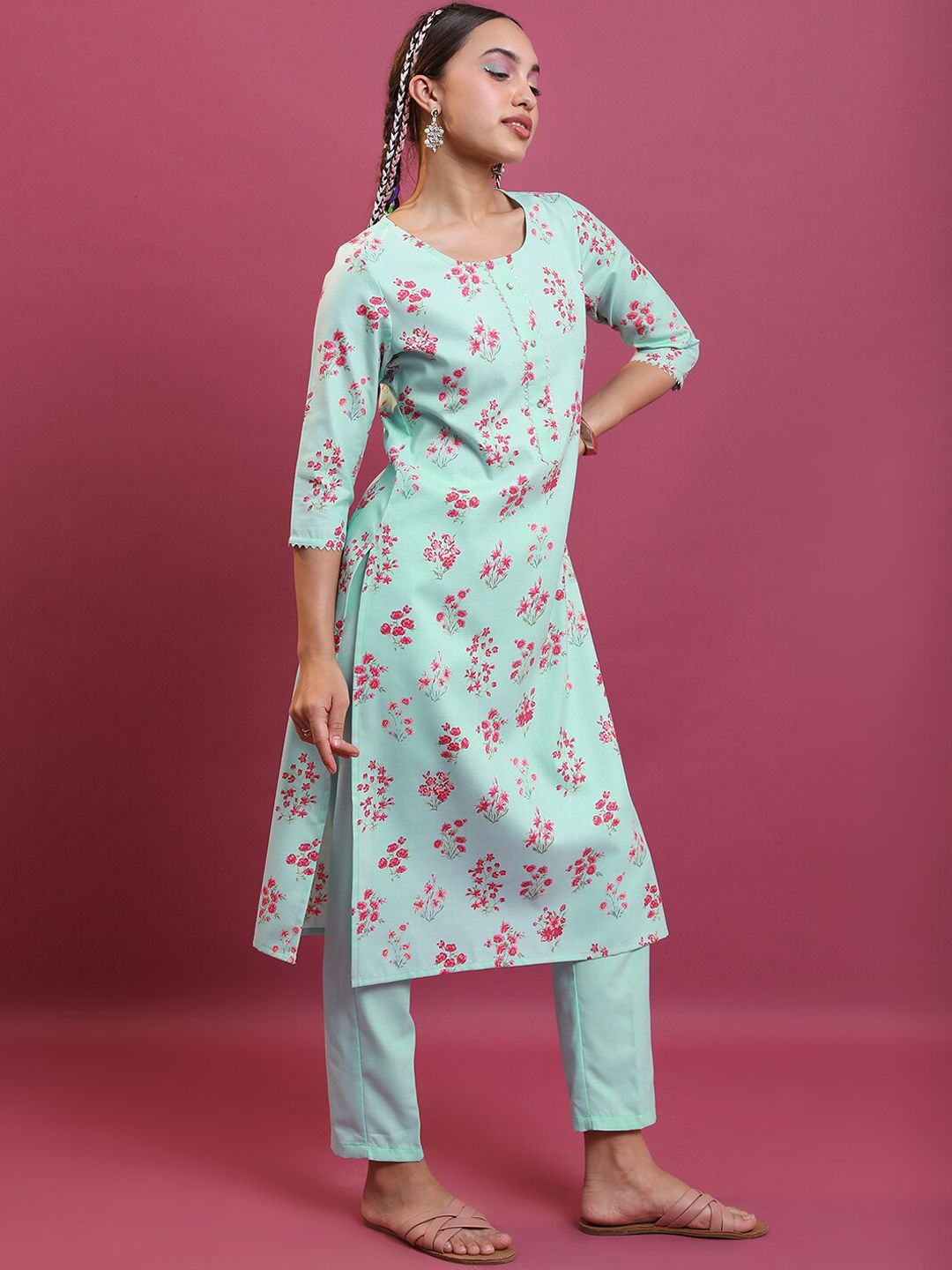 Vishudh Blue Floral Printed Gotta Patti Straight Kurta with Trousers & Dupatta