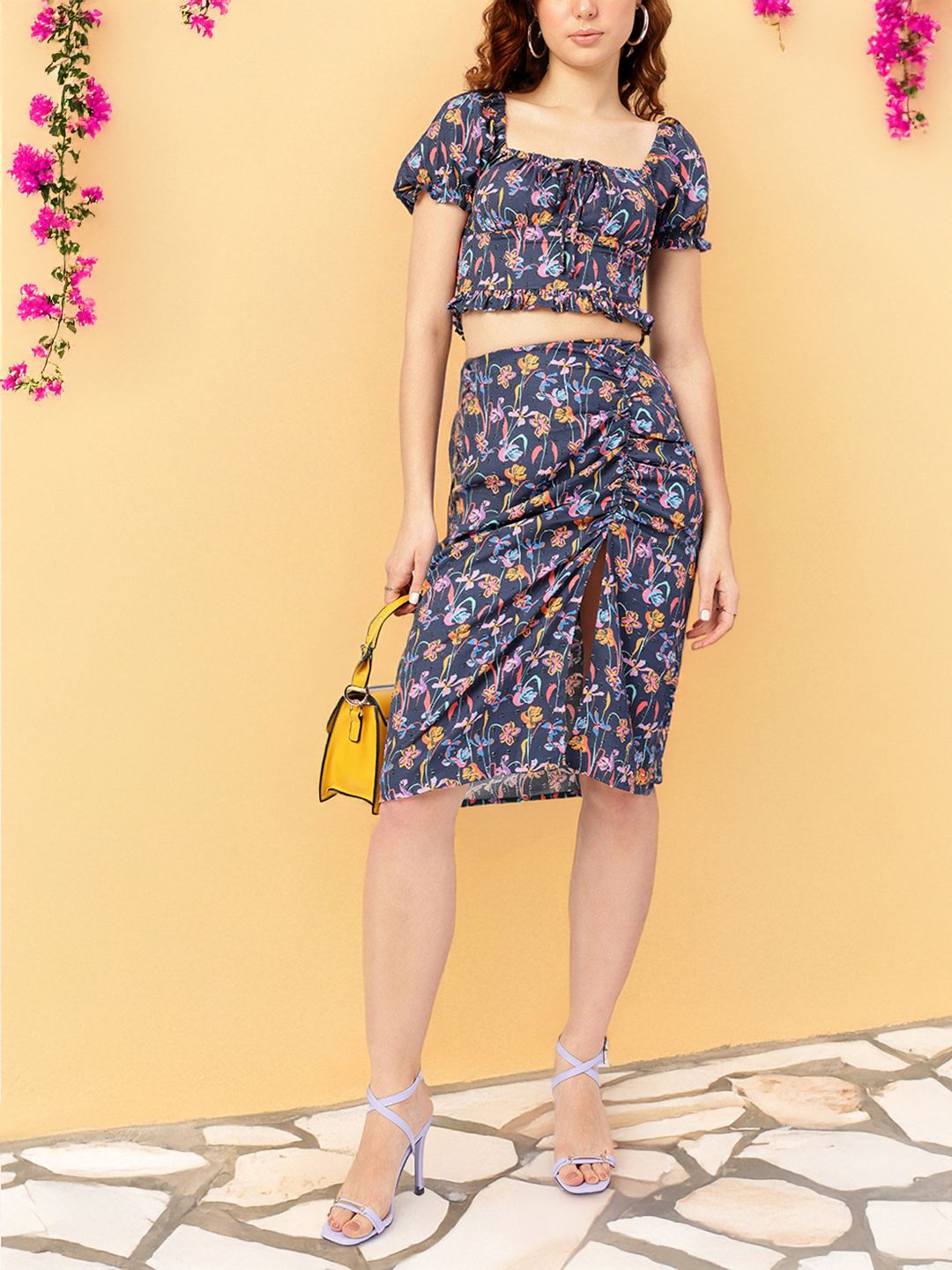 DressBerry Floral Frenzy Slit Statement Ruched Chic Co-ord