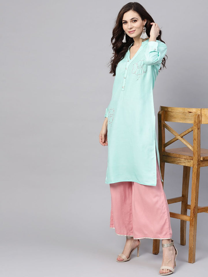 SOJANYA Women Blue Solid Straight Kurta